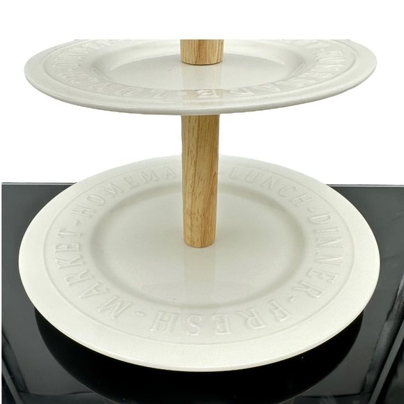 2 Tier Serving Tray White Porcelain Wood Bread and Butter Australia Farmhouse - Picture 6 of 12